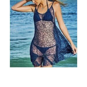 $160 Pilyq Navy Blue Starlight Starry Mesh Swim Cover Up Dress XS S NWT